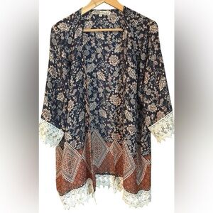 Gypsies & Moondust Navy Floral and Rust Border Lace-Trim Kimono Boho Festival